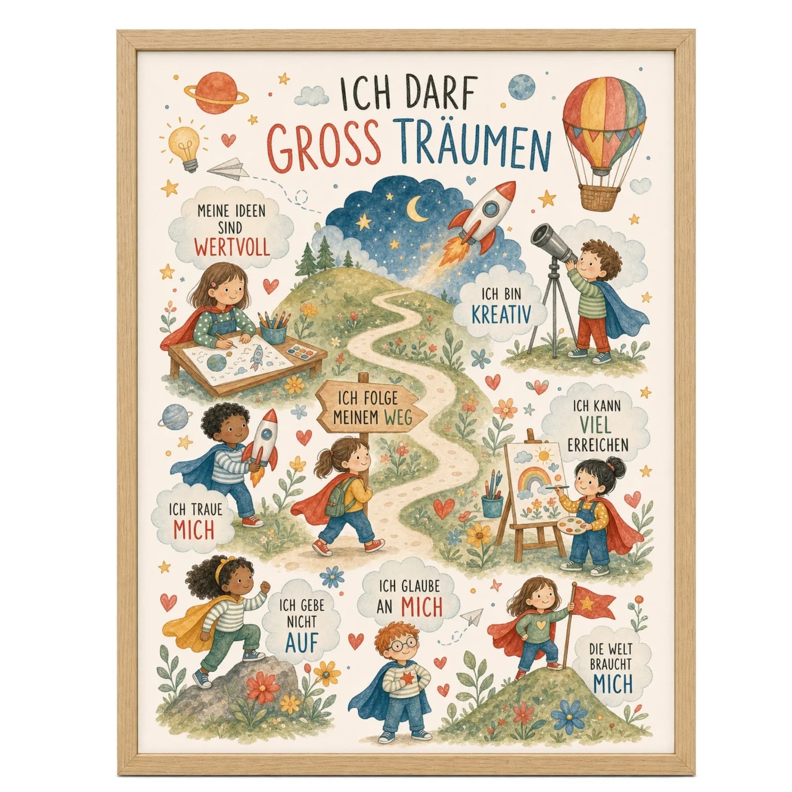 Affirmationsposter Kinderzimmer Wimmelbild Groß träumen, im Mädchenzimmer