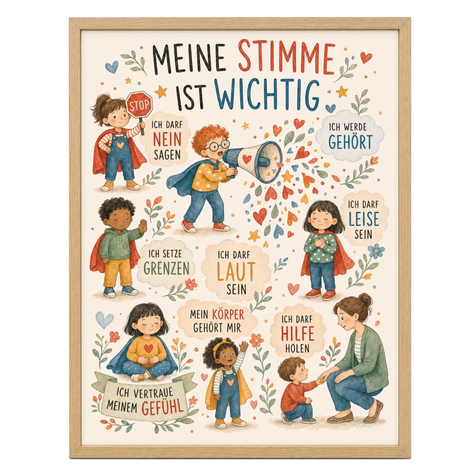 Affirmationsposter Kinderzimmer Wimmelbild Meine Stimme, im Mädchenzimmer