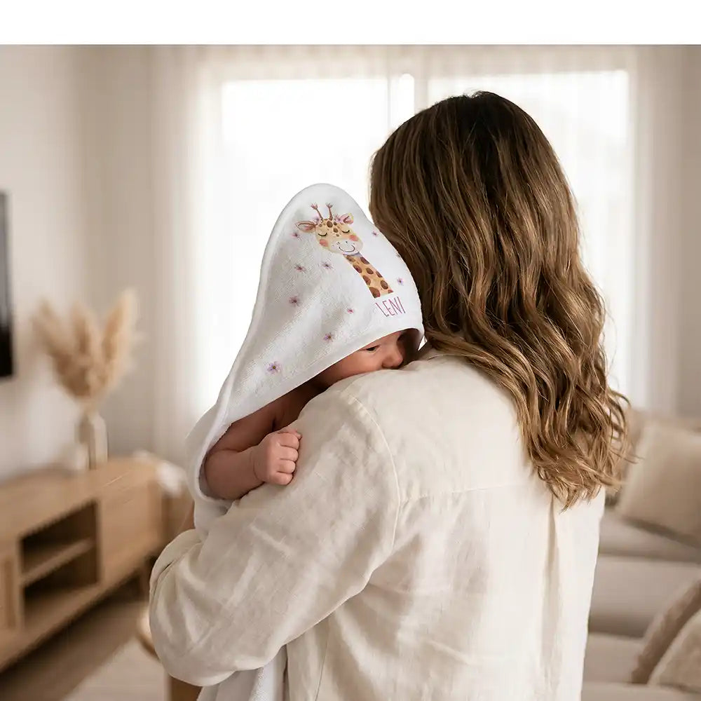 Personalisiertes Kapuzenhandtuch Baby Giraffe Blüten – Kuscheln nach dem Bad mit Mama