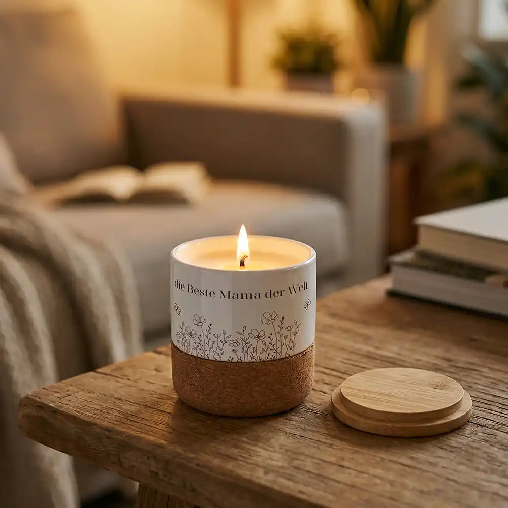 Duftkerze Vanille Keramik Beste Mama Wildblumen – abnehmbarer Bambusdeckel Detail