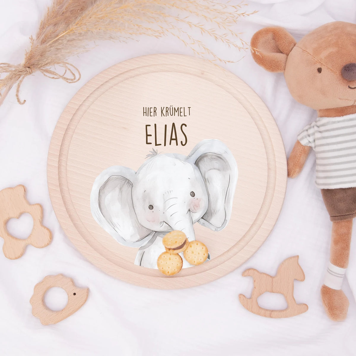 Rundes personalisiertes Frühstücksbrettchen Elefant mit Namen für Kinder