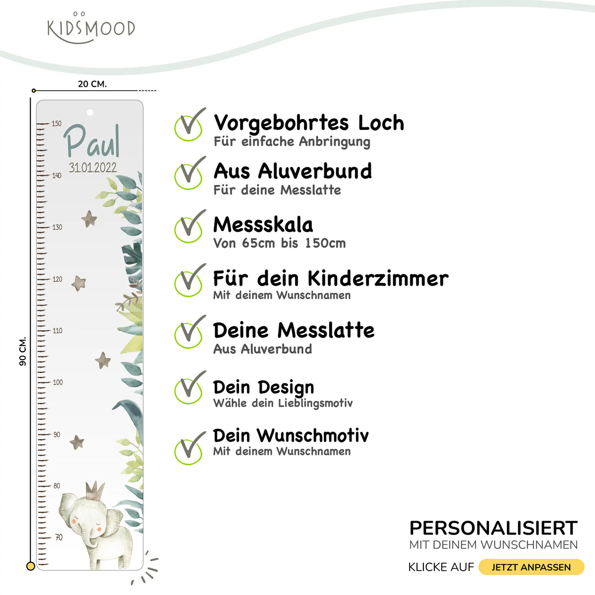 Messlatte Kinder Holz & Aluverbund - Elefant