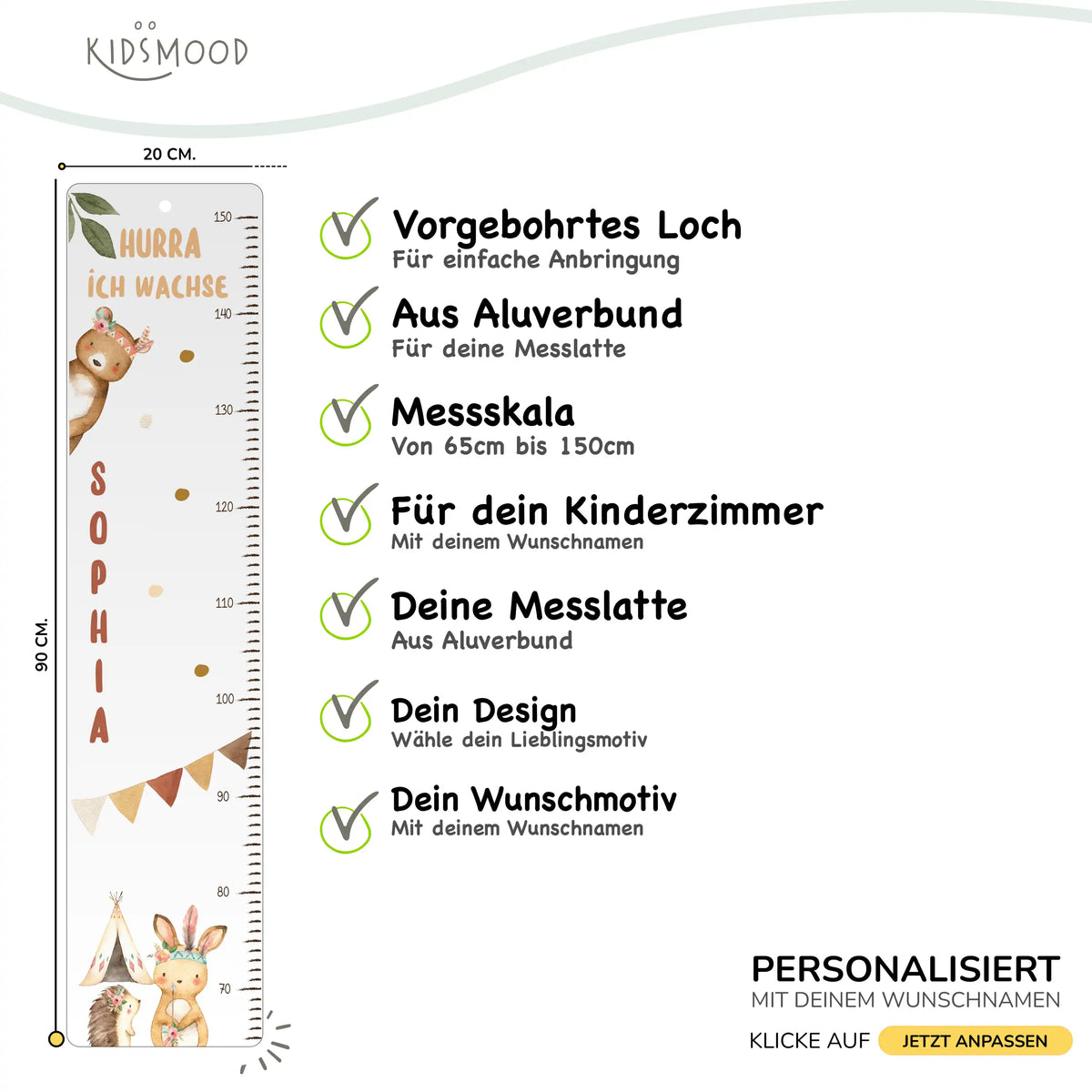 Messlatte Kinder Holz & Aluverbund - Hurra ich wache