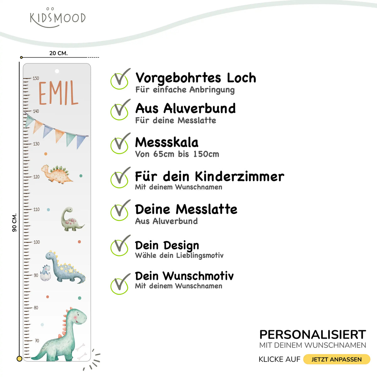 Messlatte Kinder Holz & Aluverbund - Dino