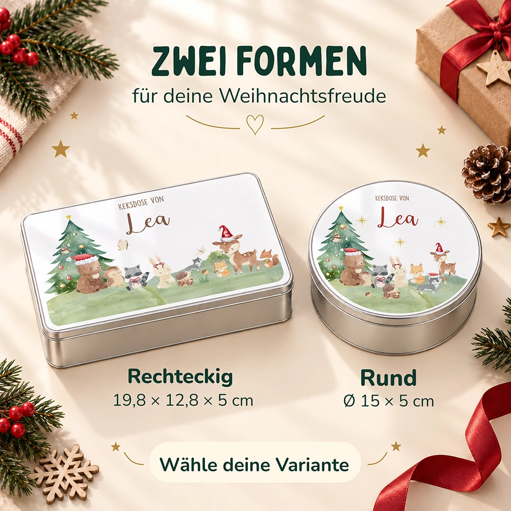 Keksdose aus Metall personalisiert - Kleine Waldbewohner im Weihnachtsglanz