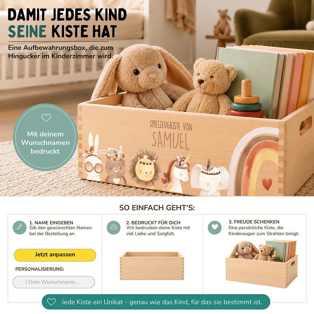Spielzeugkiste personalisiert mit Namen - Boho Tiere