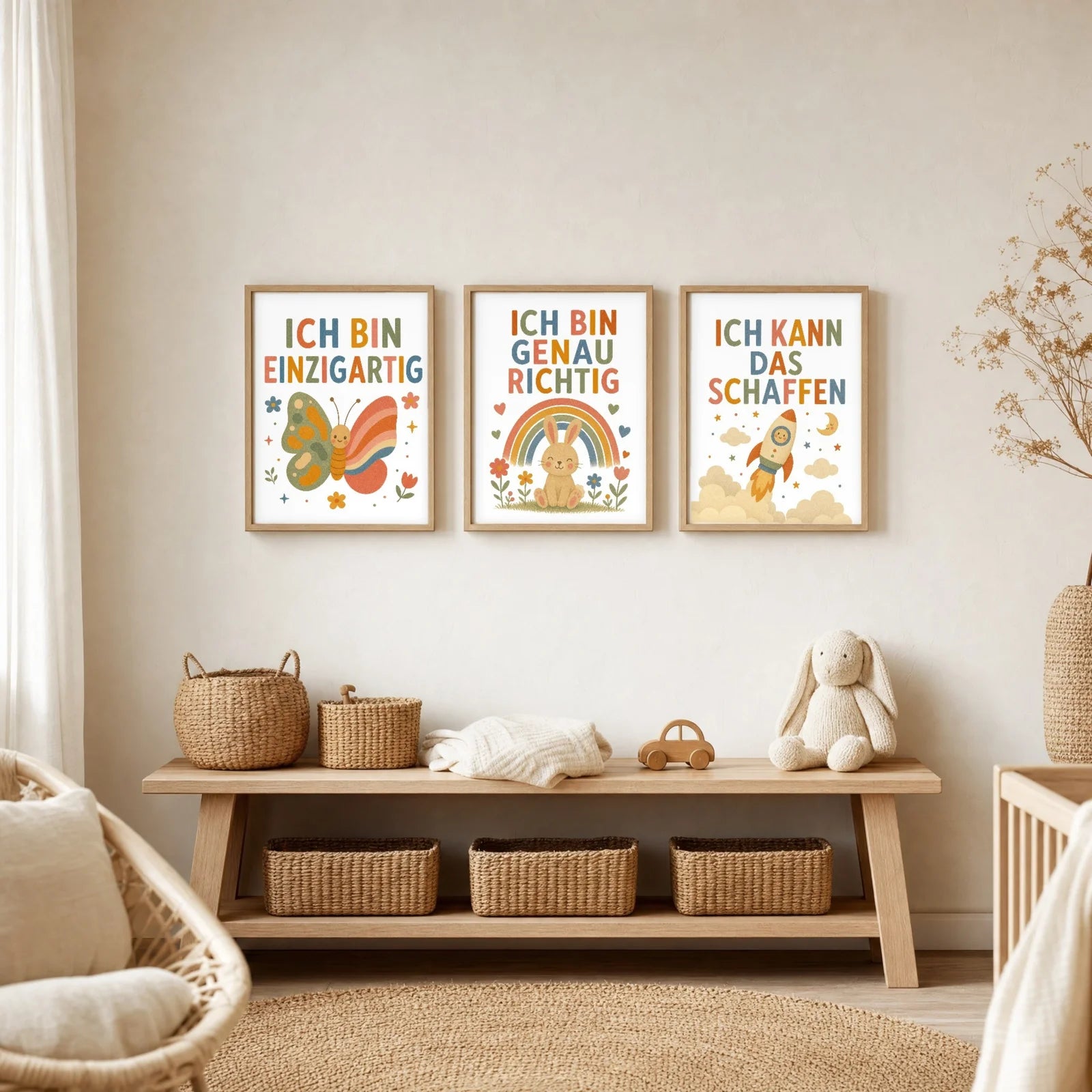 Affirmationsposter Kinderzimmer Hase Ich bin genau richtig, im Jungenzimmer