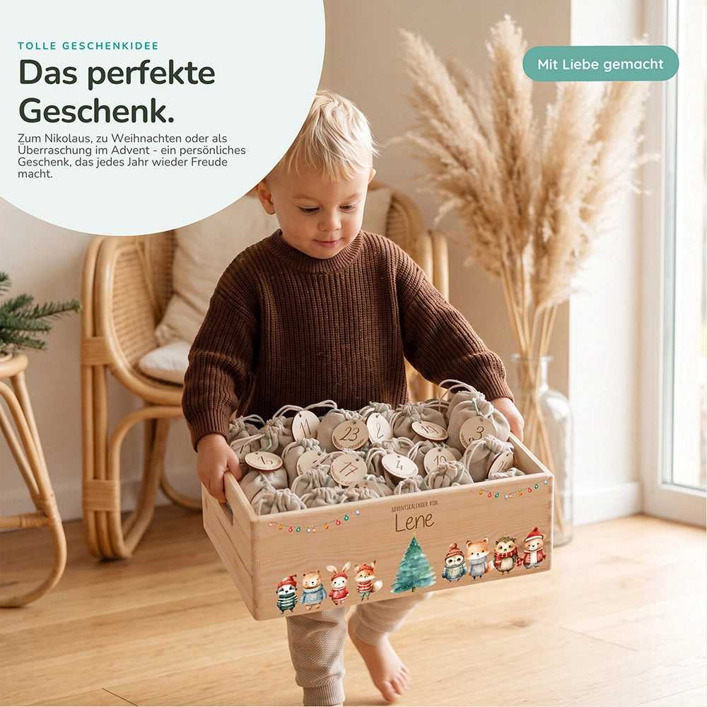 Adventskalender zum Befüllen "Weihnachten mit Tieren und Lichterkette" personalisiert