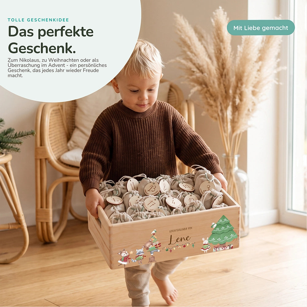 Adventskalender zum Befüllen "Tiere und Weihnachtsbaum" personalisiert