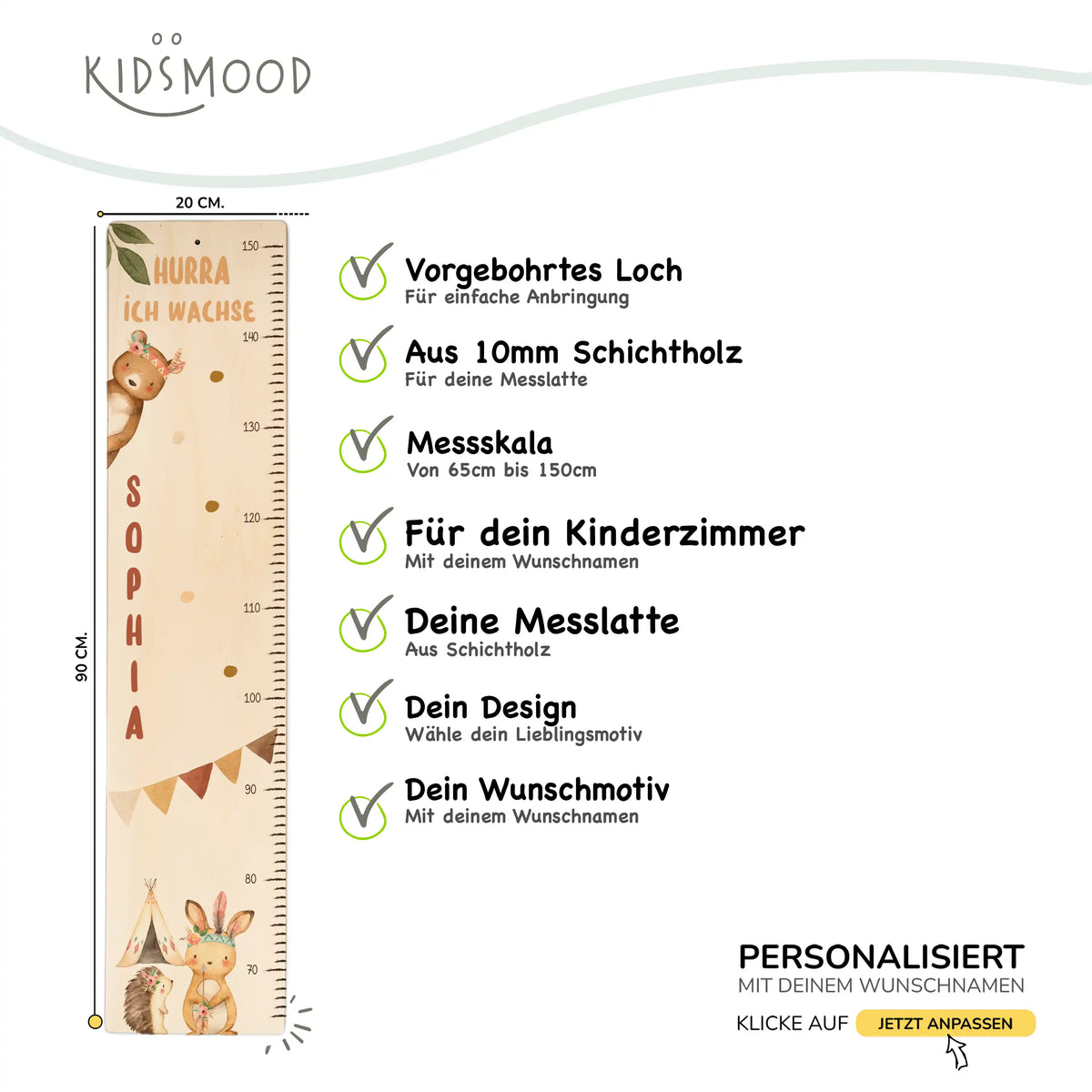 Messlatte Kinder Holz & Aluverbund - Hurra ich wache