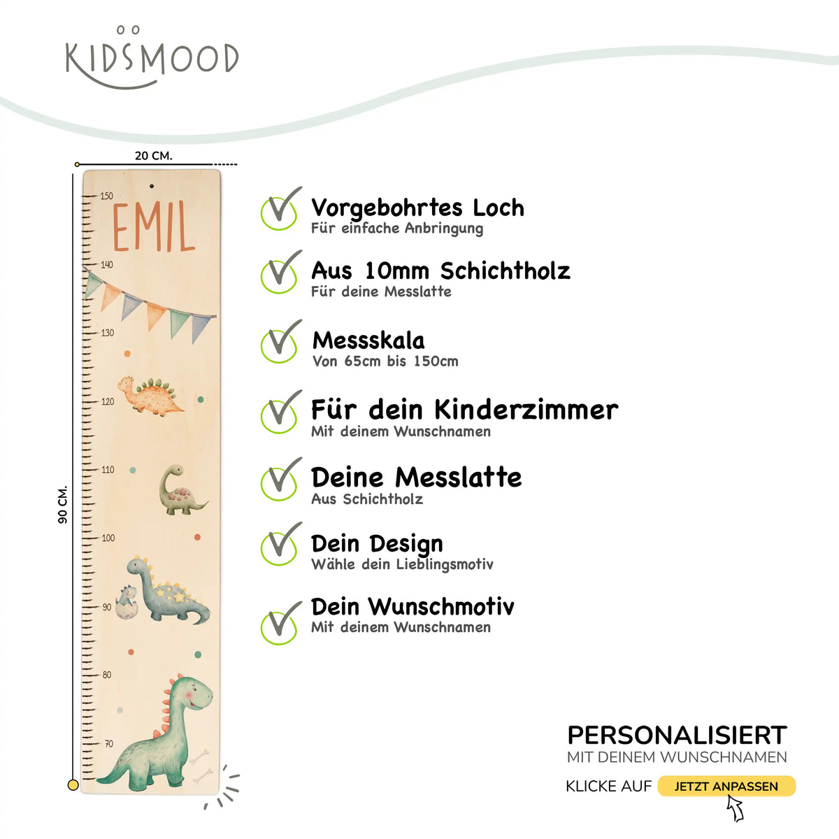Messlatte Kinder Holz & Aluverbund - Dino