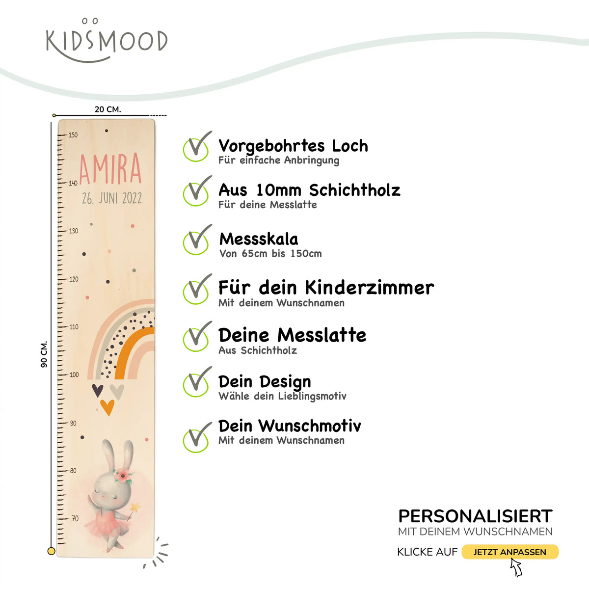 Messlatte Kinder Holz & Aluverbund - Hase & Regenbogen