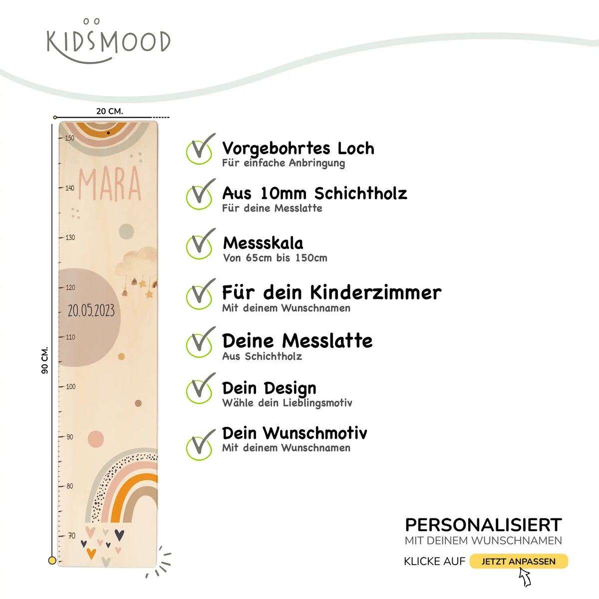 Messlatte Kinder Holz & Aluverbund - Regenbogen