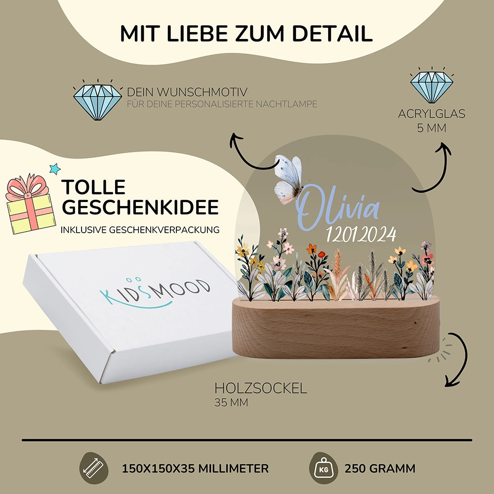 Nachtlicht Blumenwiese personalisiert – 150 × 150 × 35 mm, 5 mm Acrylglas, Holzsockel, mit Geschenkverpackung