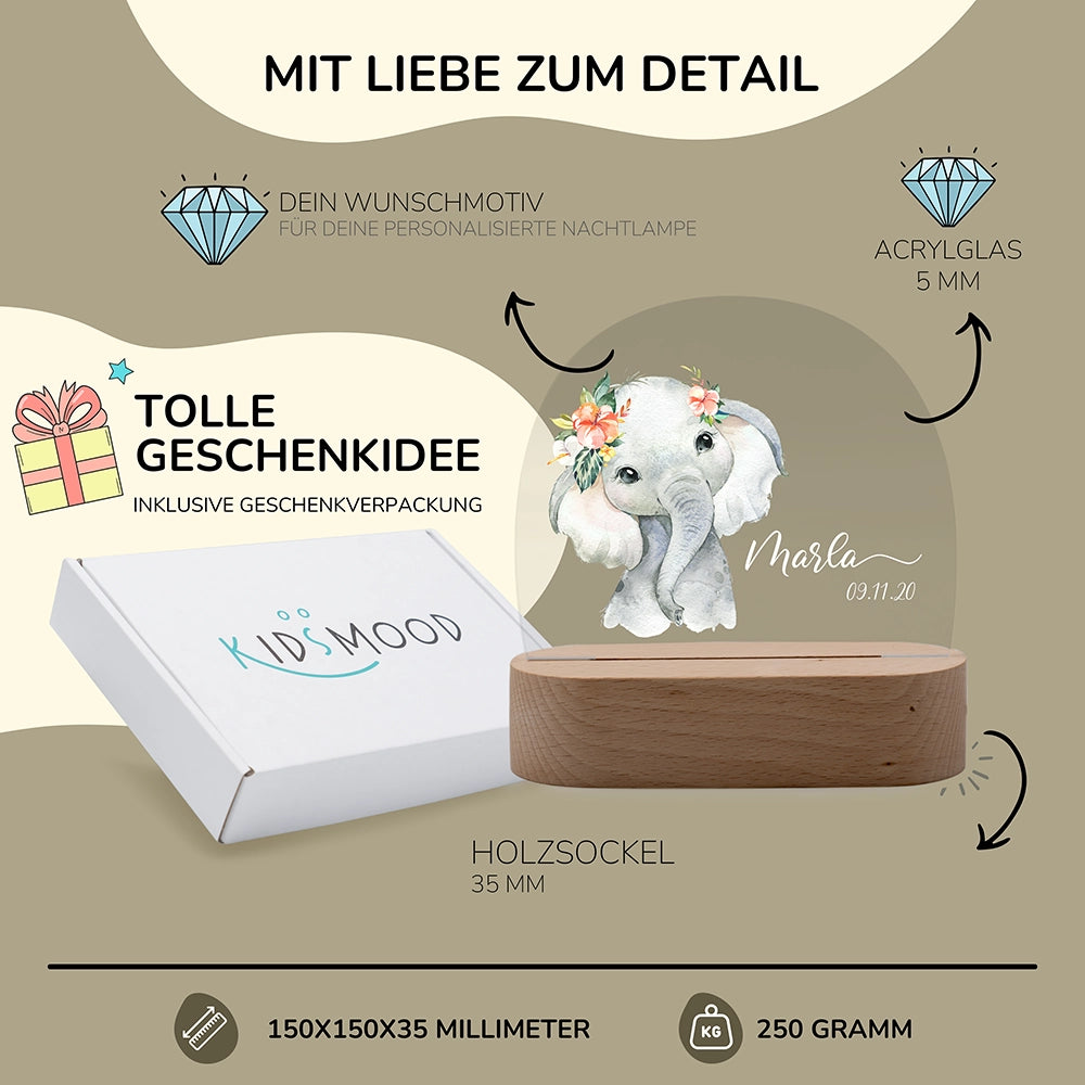 Nachtlicht Elefant personalisiert – 150 × 150 × 35 mm, 5 mm Acrylglas, Holzsockel, mit Geschenkverpackung