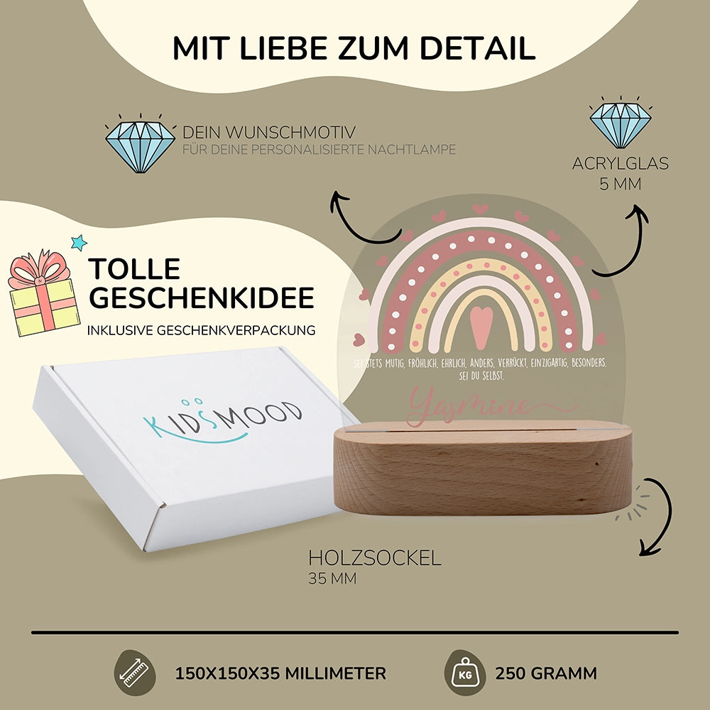 Nachtlicht Regenbogen personalisiert – 150 × 150 × 35 mm, 5 mm Acrylglas, Holzsockel, mit Geschenkverpackung
