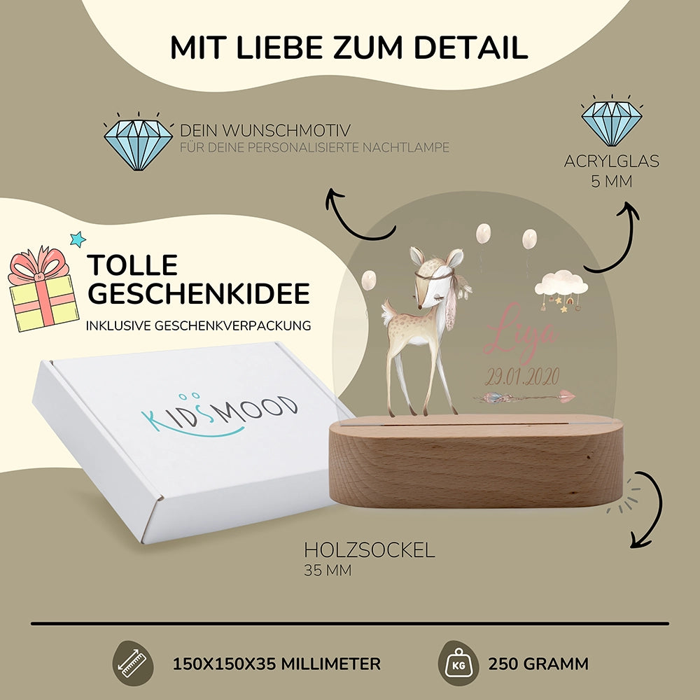 Nachtlicht Reh personalisiert – 150 × 150 × 35 mm, 5 mm Acrylglas, Holzsockel, mit Geschenkverpackung