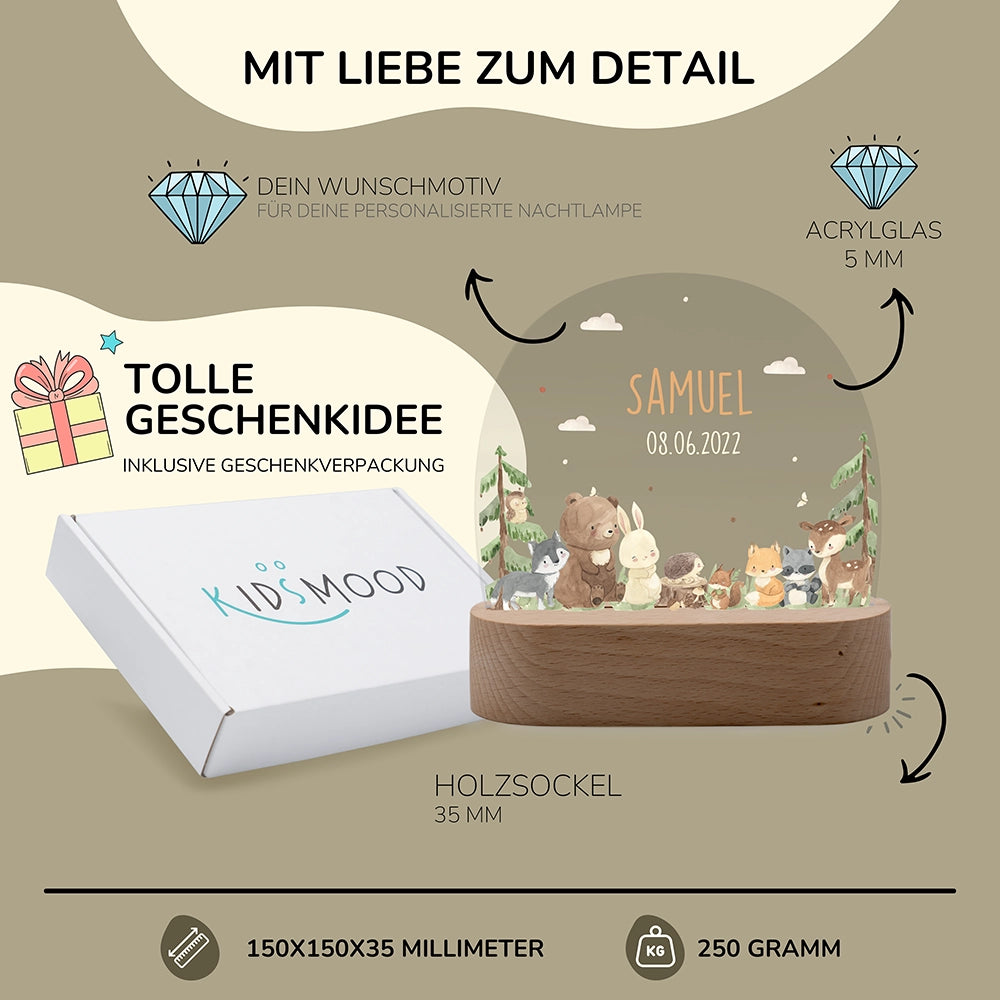 Nachtlicht Waldtiere personalisiert – 150 × 150 × 35 mm, 5 mm Acrylglas, Holzsockel, mit Geschenkverpackung