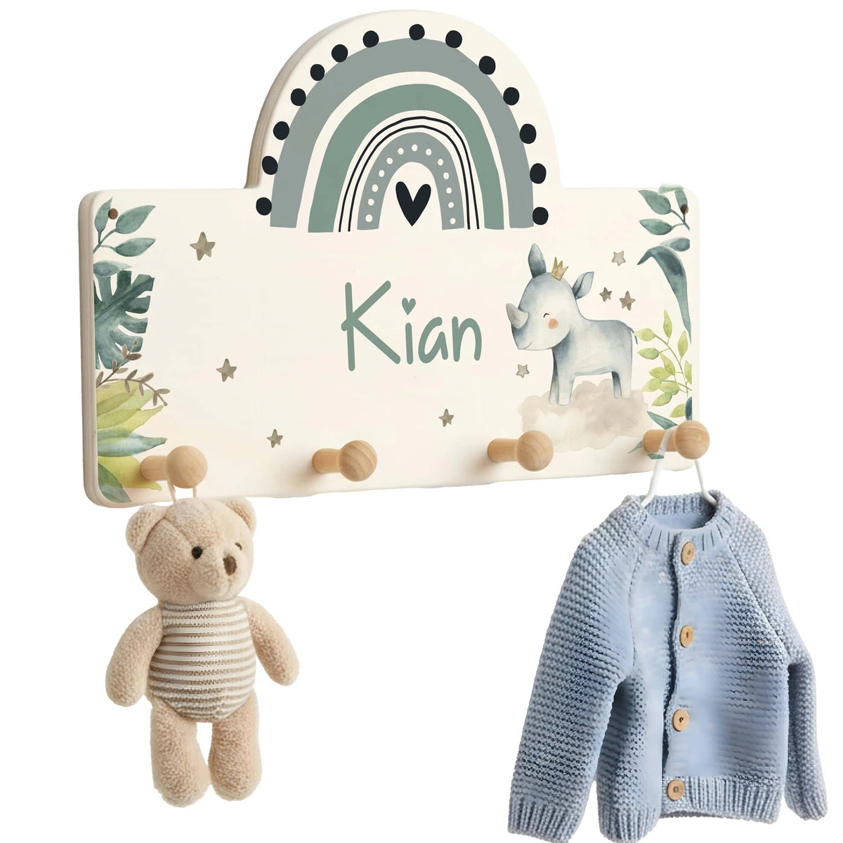 Kindergarderobe Holz personalisiert - Nashorn