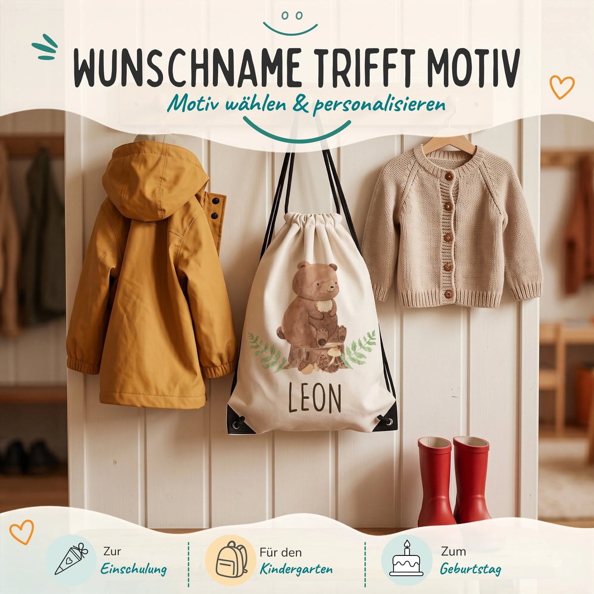 Personalisierter Turnbeutel Bär, Geschenk zur Einschulung, zum Kindergarten und zum Geburtstag
