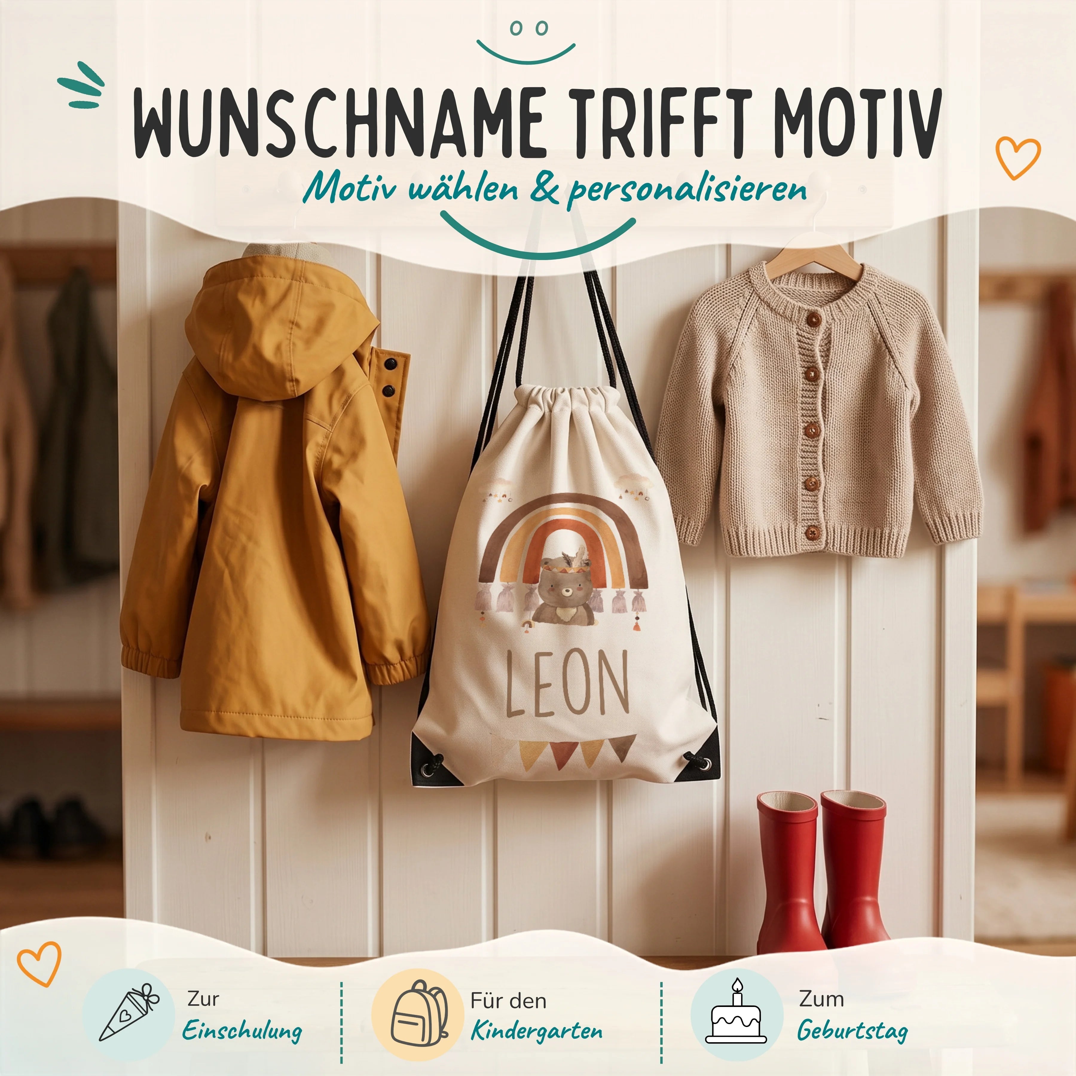 Personalisierter Turnbeutel Boho Bär Regenbogen, Geschenk zur Einschulung, zum Kindergarten und zum Geburtstag