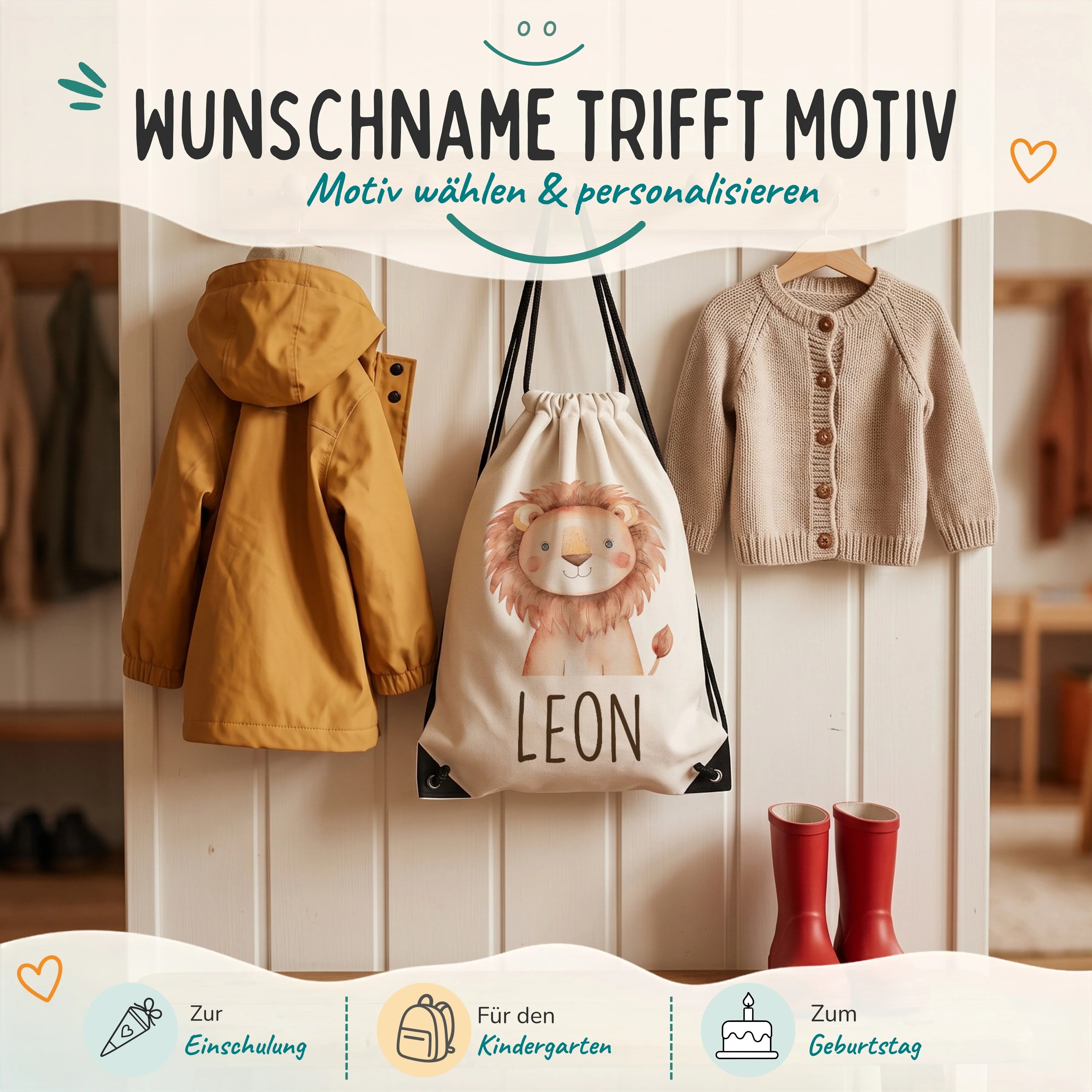 Personalisierter Turnbeutel Löwe, Geschenk zur Einschulung, zum Kindergarten und zum Geburtstag
