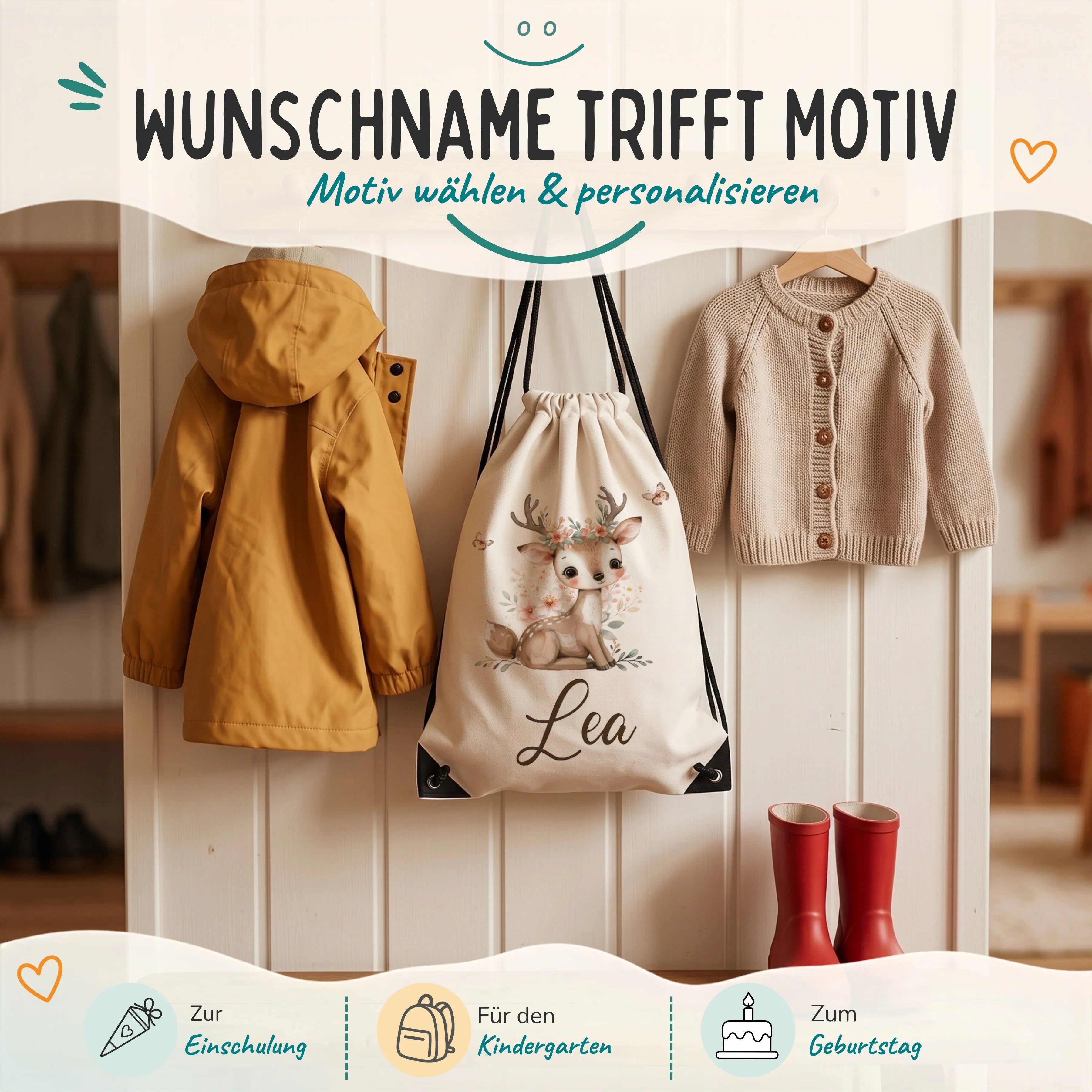Personalisierter Turnbeutel Reh mit Blumenkranz, Geschenk zur Einschulung, zum Kindergarten und zum Geburtstag