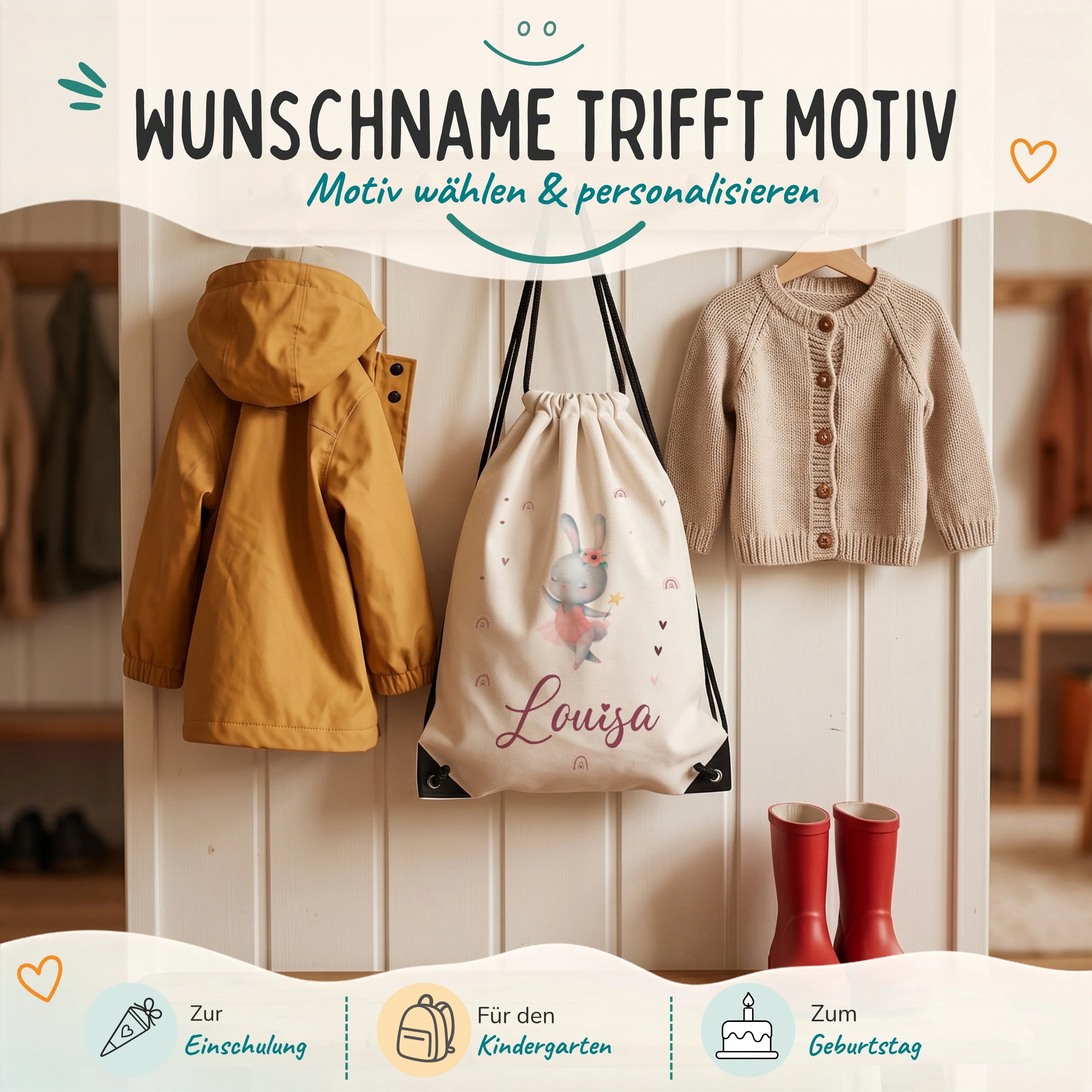 Personalisierter Turnbeutel Zauberhase, Geschenk zur Einschulung, zum Kindergarten und zum Geburtstag