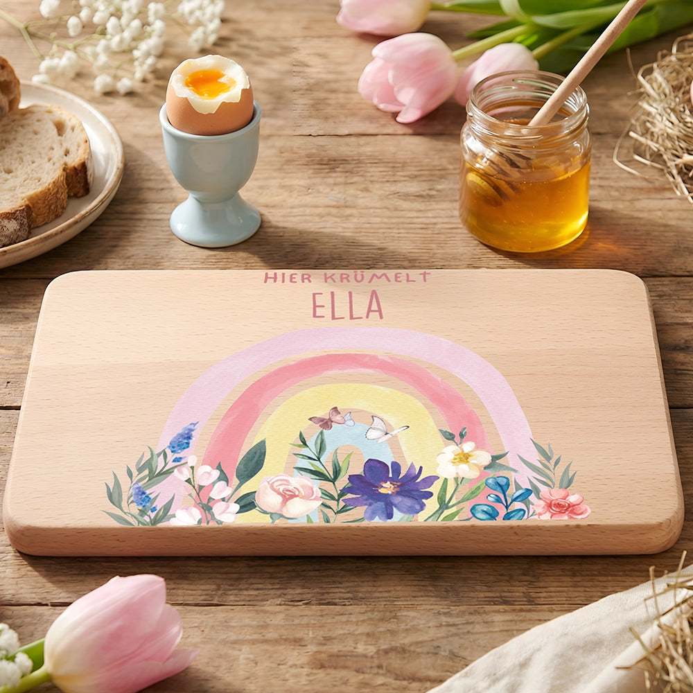 Frühstücksbrettchen Holz personalisiert - Blumen Regenbogen