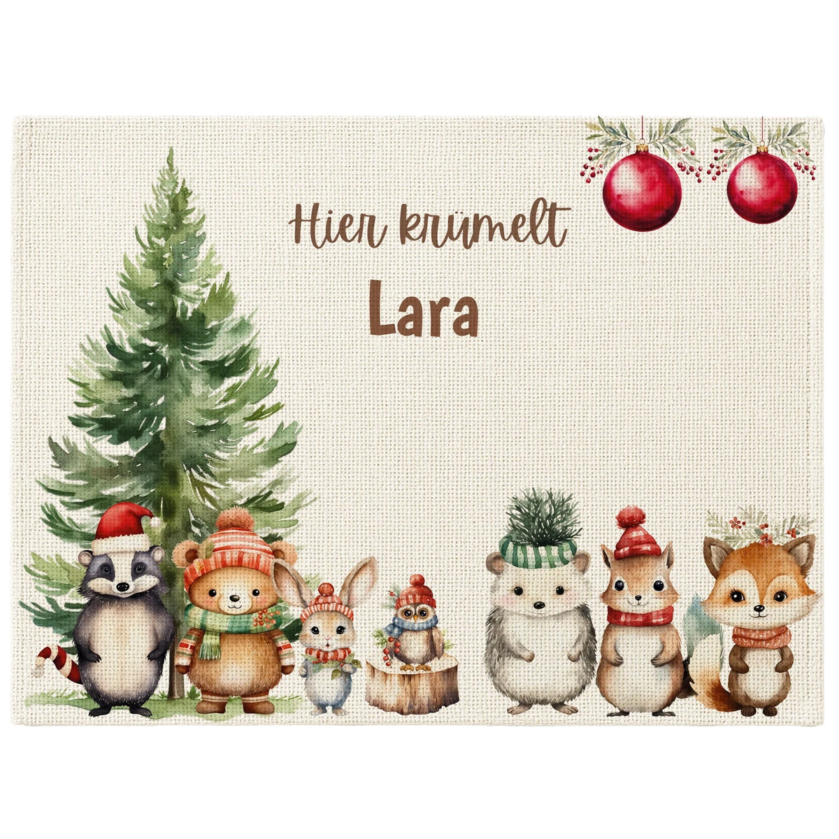 Tischset Kinder personalisiert Weihnachtsmotiv - Glückliche Tiergesellschaft