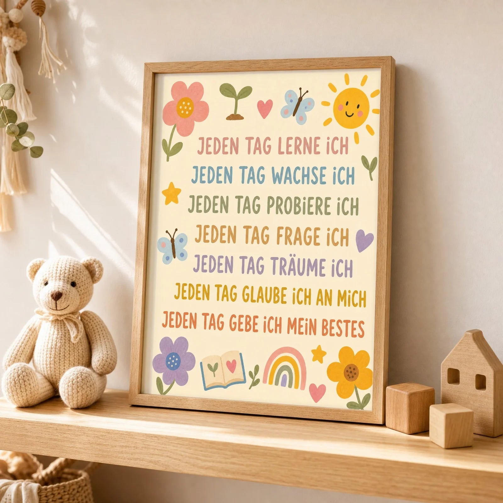 Affirmationsposter Kinderzimmer Blumenwiese Jeden Tag, als Wandbild über der Spielecke
