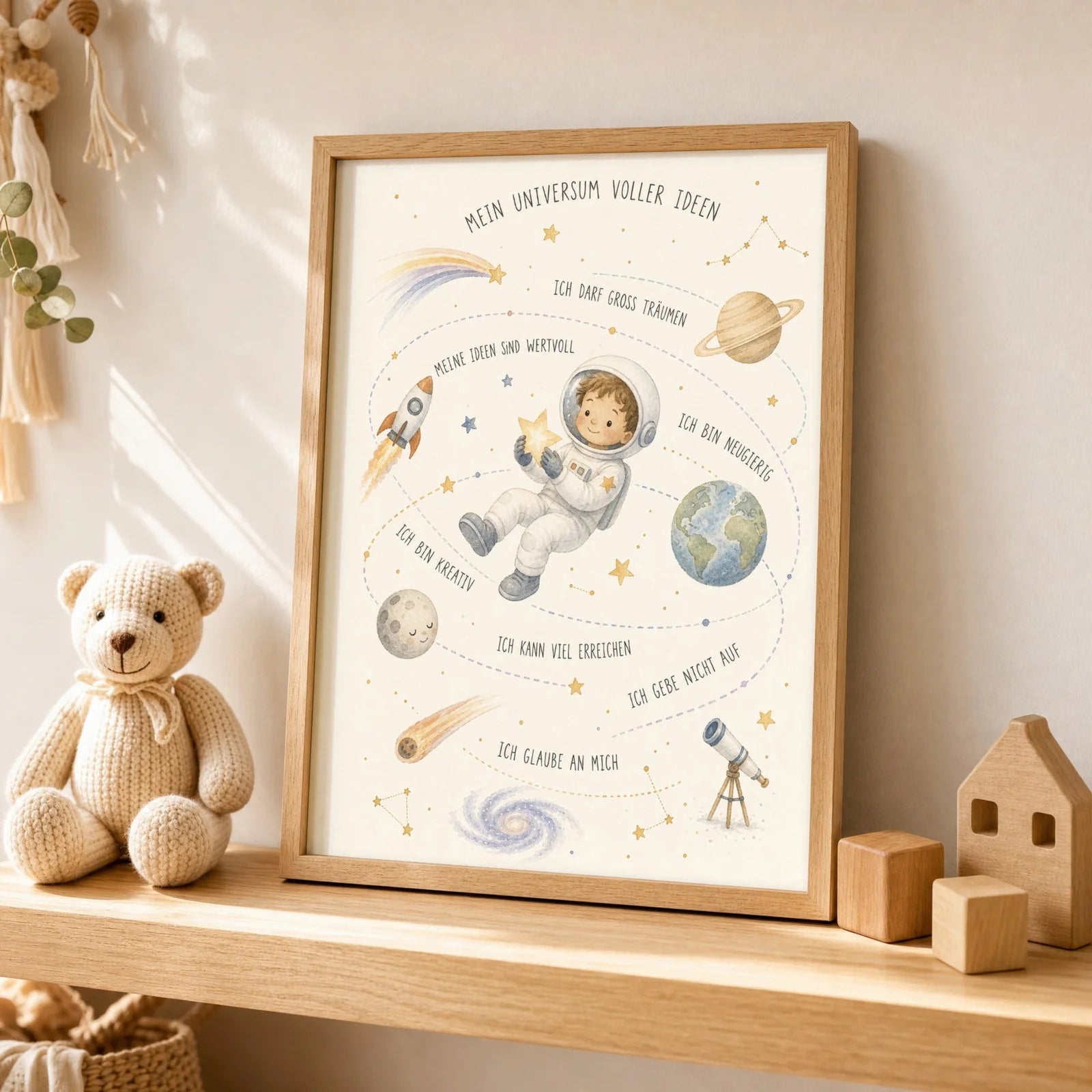 Affirmationsposter Kinderzimmer Universum voller Ideen, als Wandbild über der Spielecke