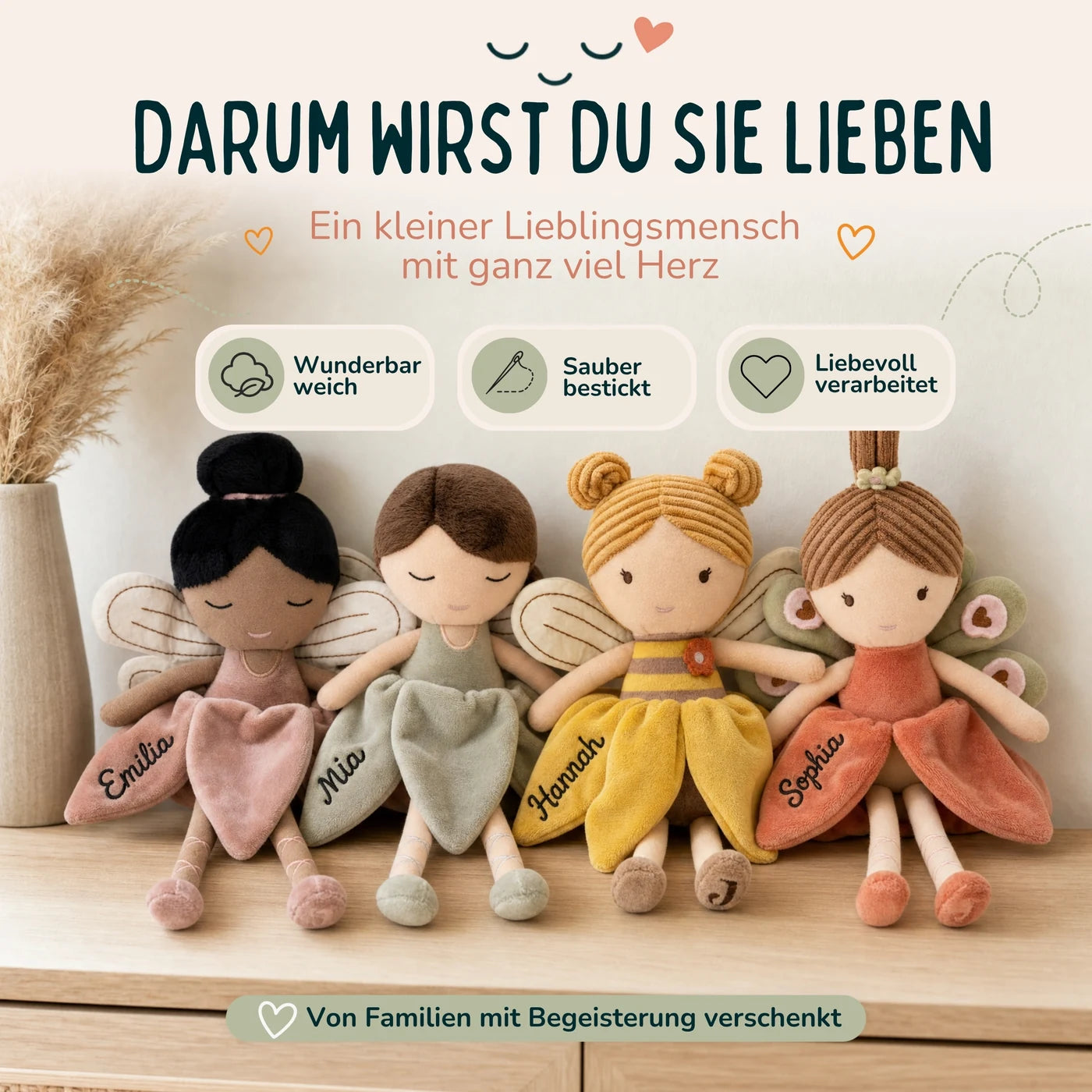 Jollein Stoffpuppe Fee Salbei, weich, sauber bestickt und liebevoll verarbeitet