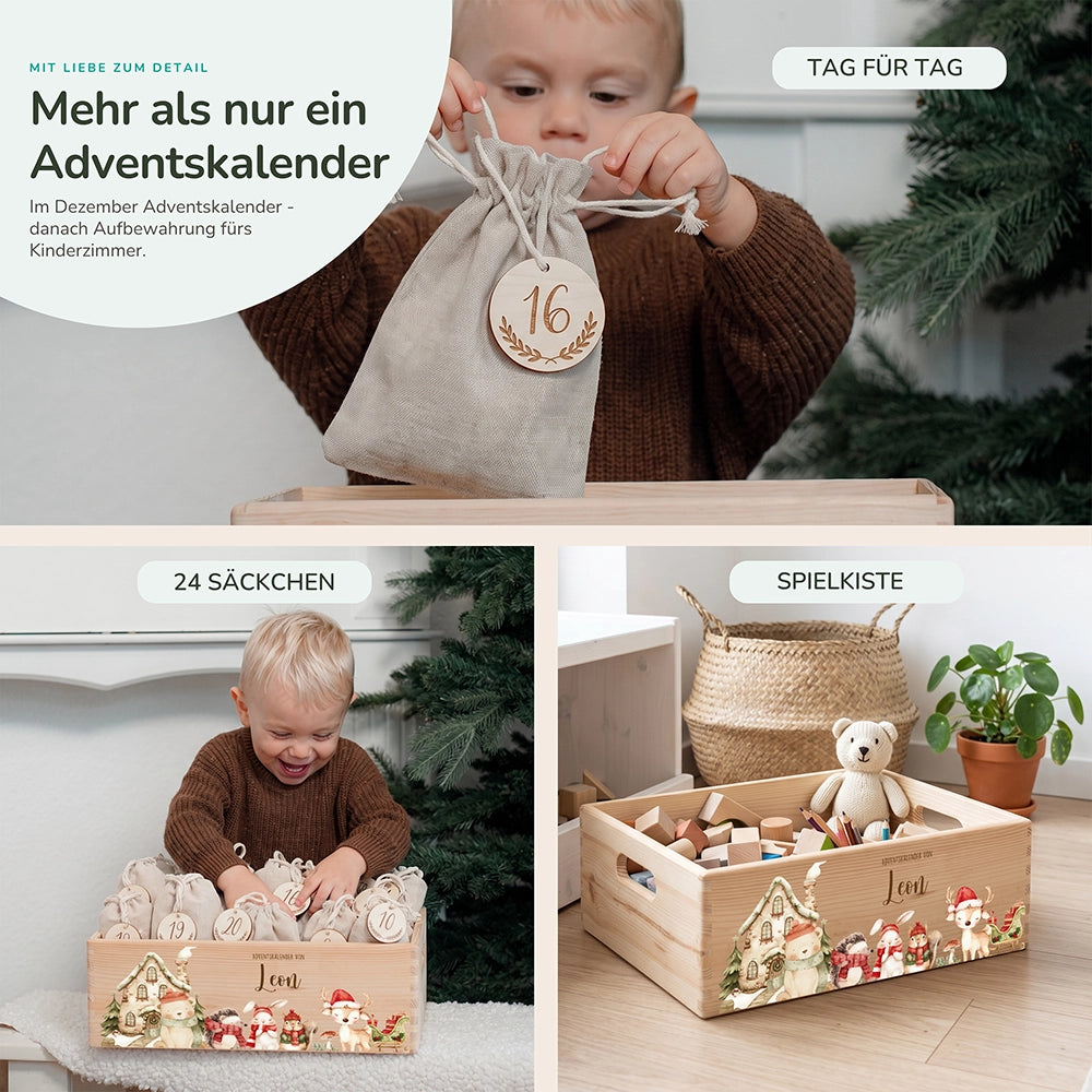 Adventskalender zum Befüllen "Winterdorf mit Tieren" personalisiert