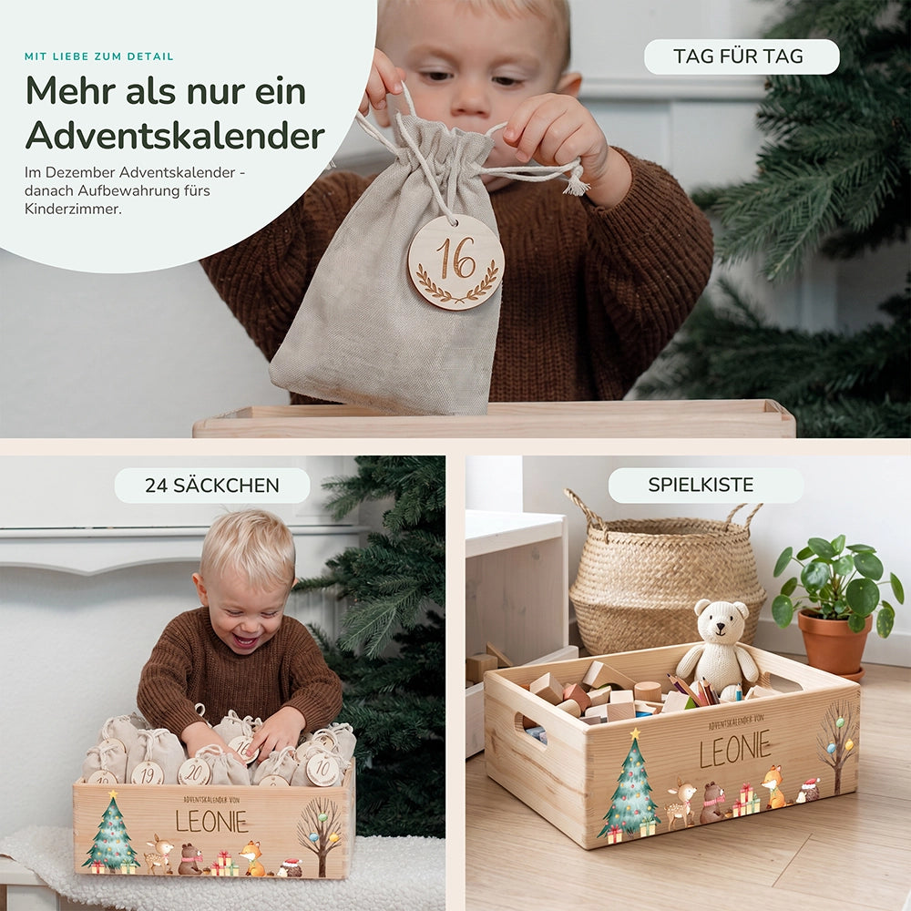 Adventskalender zum Befüllen "Waldtiere um den Weihnachtsbaum" personalisiert
