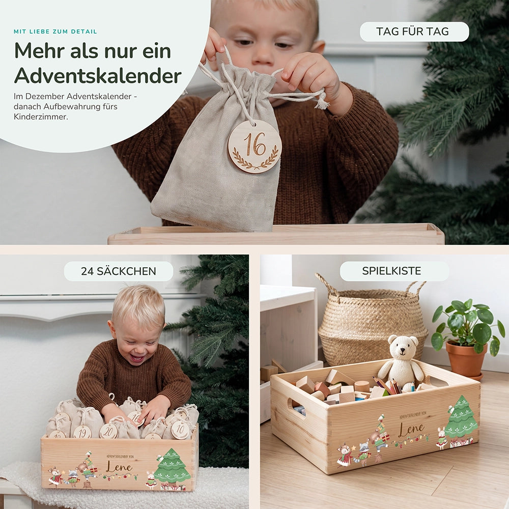 Adventskalender zum Befüllen "Tiere und Weihnachtsbaum" personalisiert