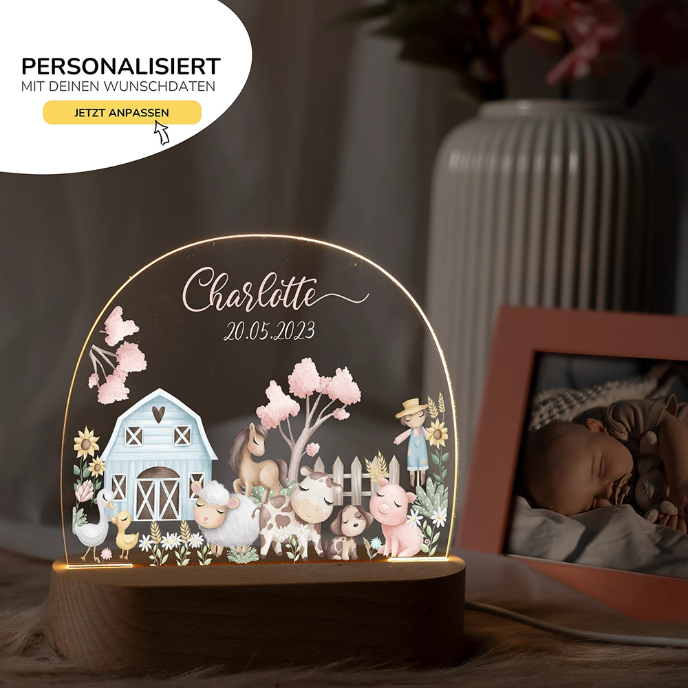 Nachtlicht Bauernhof mit Namen im Kinderzimmer – personalisiertes Geschenk zur Geburt