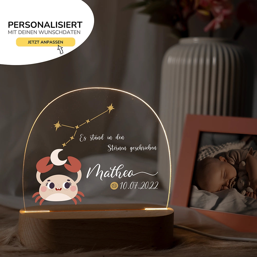 Nachtlicht Sternzeichen Krebs mit Namen im Kinderzimmer – personalisiertes Geschenk zur Geburt