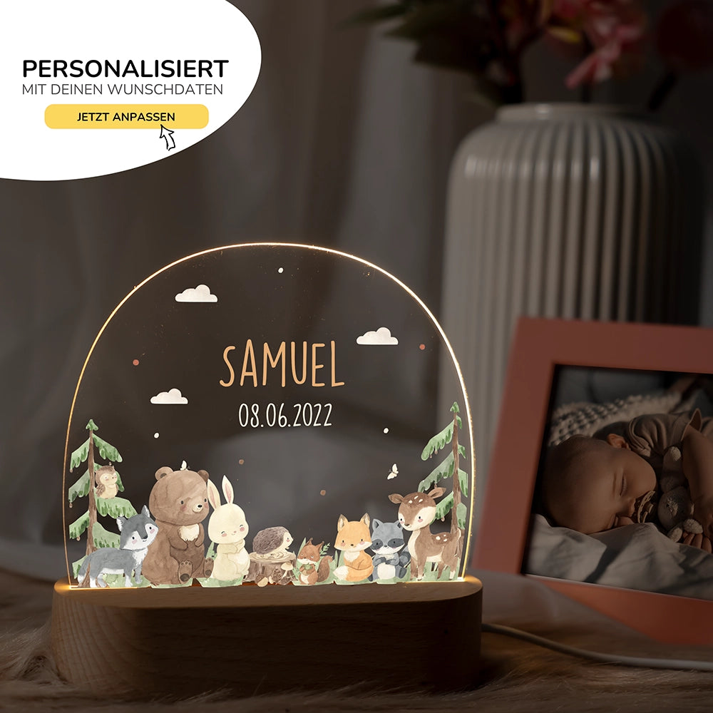 Nachtlicht Waldtiere mit Namen im Kinderzimmer – personalisiertes Geschenk zur Geburt