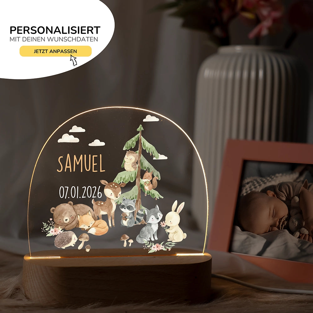 Nachtlicht Waldtiere mit Namen im Kinderzimmer – personalisiertes Geschenk zur Geburt