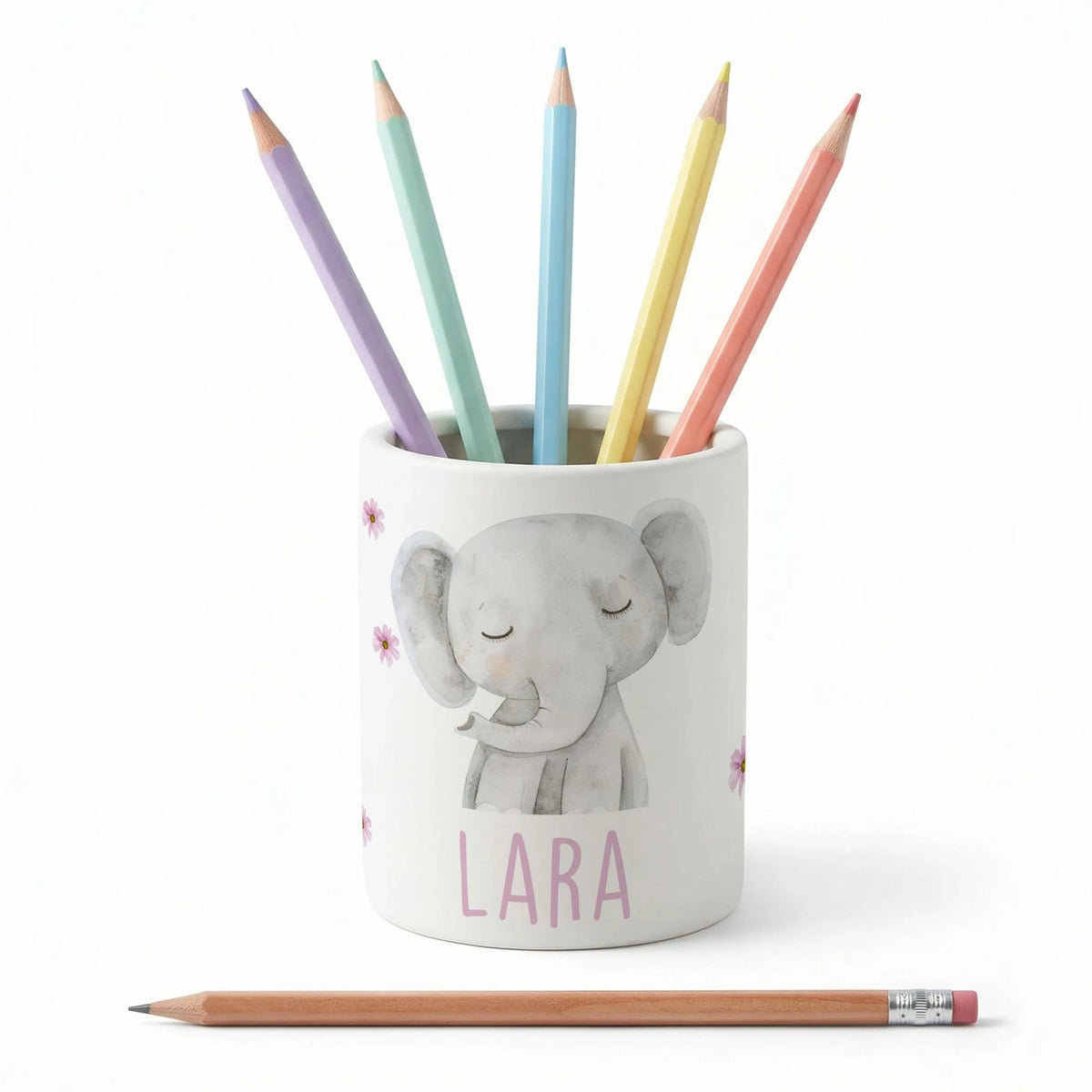 Personalisierter Stiftehalter Elefant Blumen – Keramik mit Wunschname