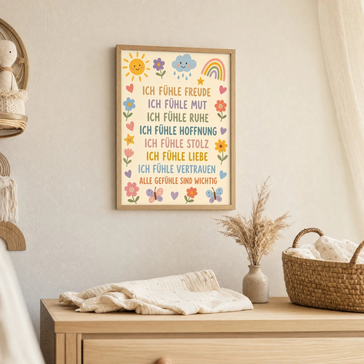 Wandbild Kinderzimmer: Affirmationsposter „Blumenwiese Gefühle“ im Holzrahmen über der Kommode