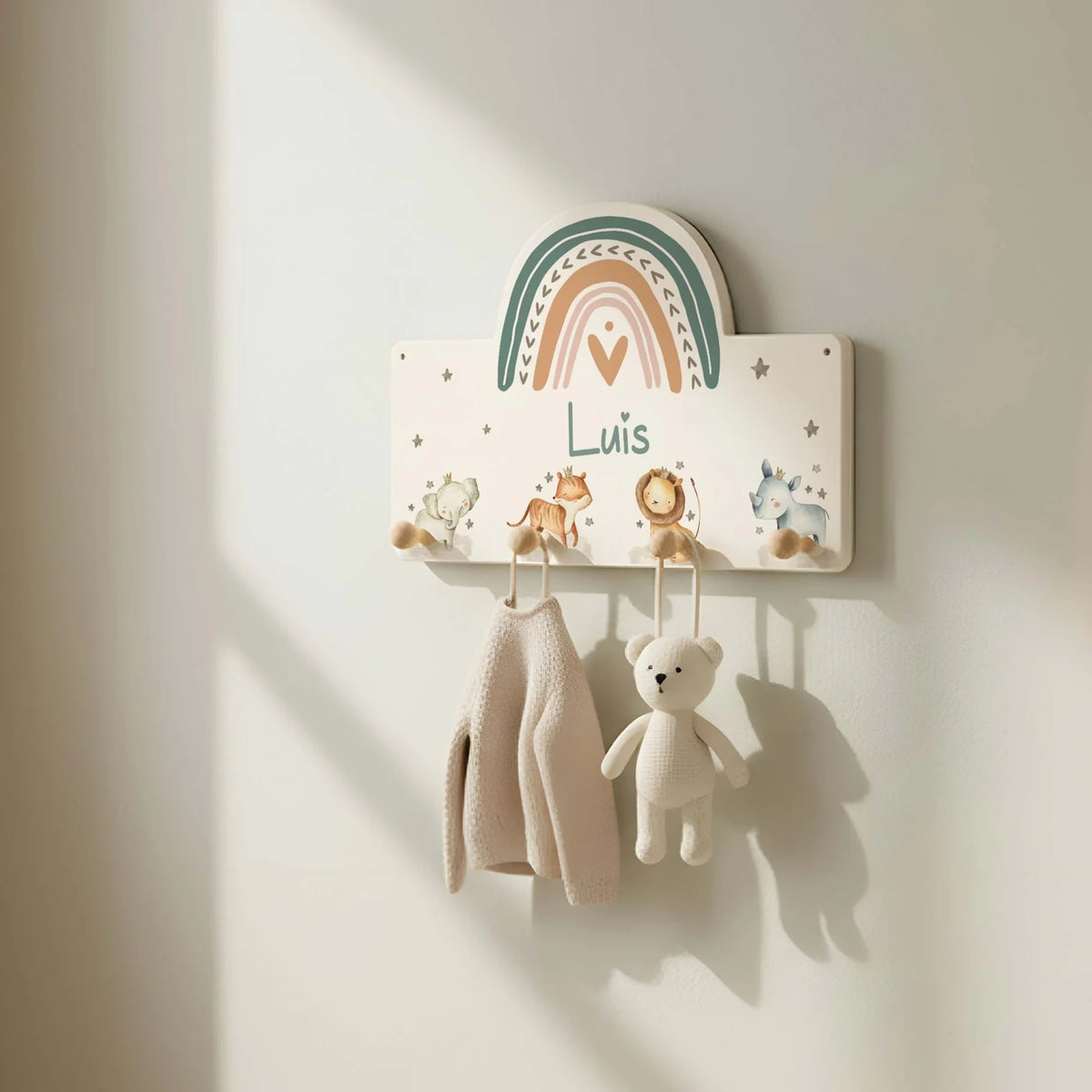 Kindergarderobe Holz personalisiert - Tier Familie