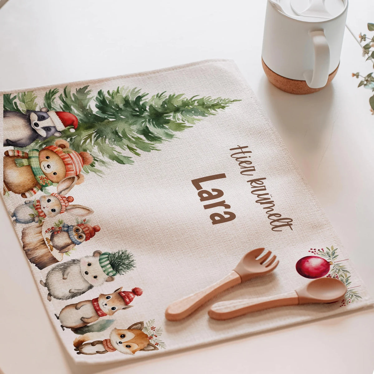 Tischset Kinder personalisiert Weihnachtsmotiv - Tierchen im Zauberwald