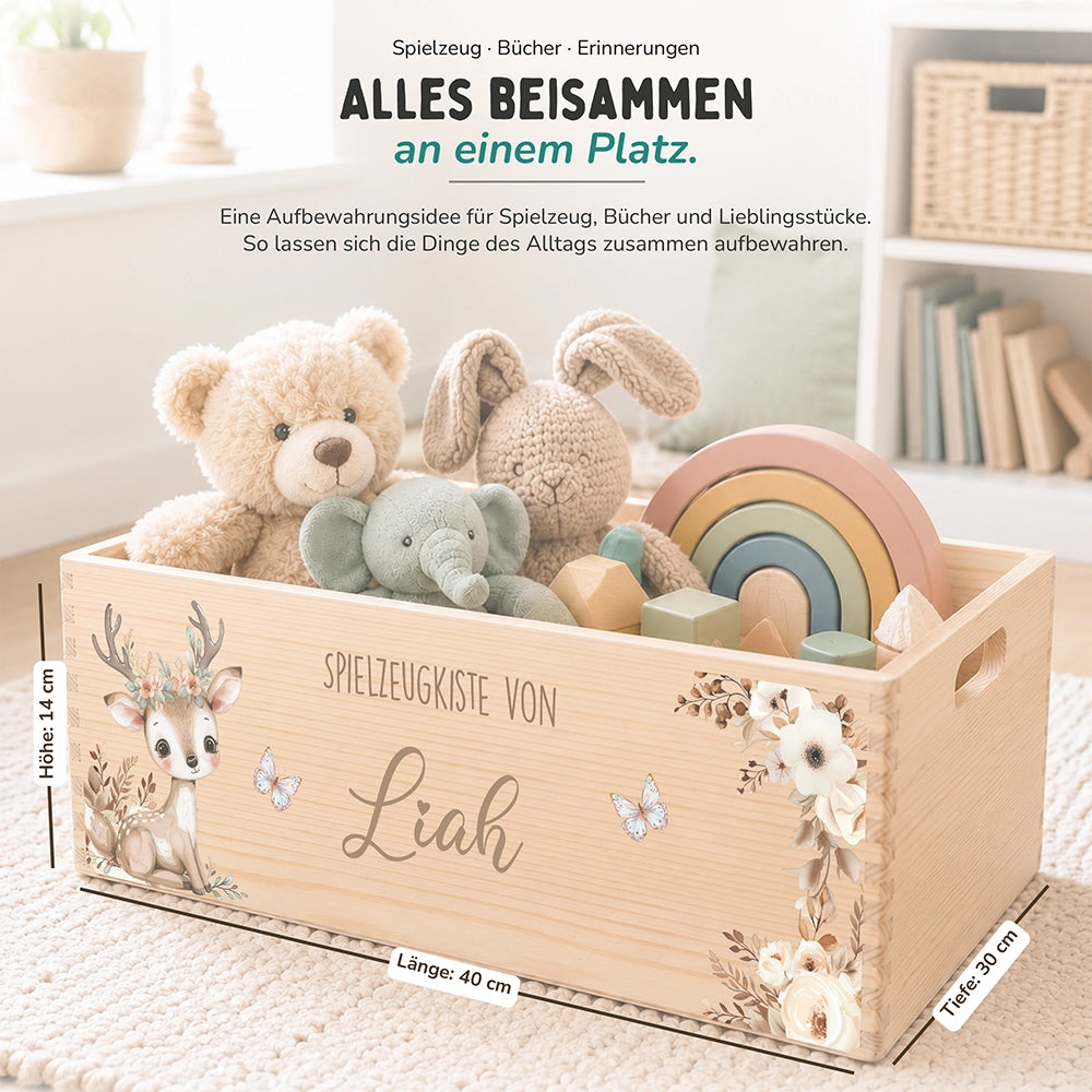 Spielzeugkiste personalisiert mit Namen - Baby Reh