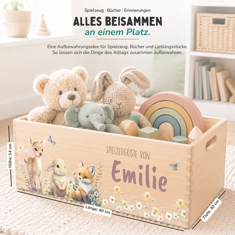 Spielzeugkiste personalisiert mit Namen - Fuchs, Hase und Reh