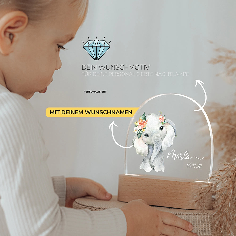Kleinkind mit Nachtlicht Elefant mit Wunschnamen – Babygeschenk personalisiert