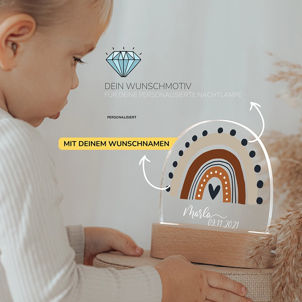 Kleinkind mit Nachtlicht Regenbogen mit Wunschnamen – Babygeschenk personalisiert