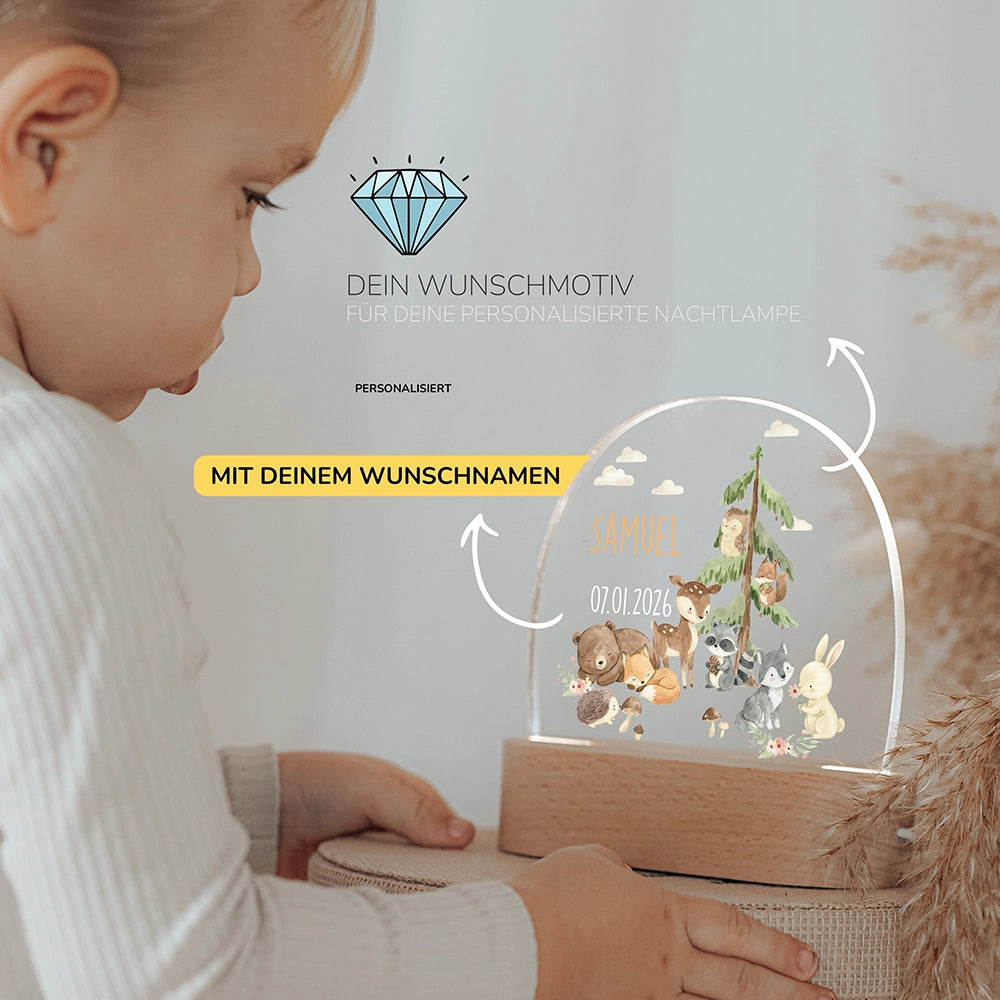 Kleinkind mit Nachtlicht Waldtiere mit Wunschnamen – Babygeschenk personalisiert