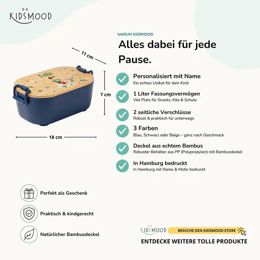 Brotdose Kinder personalisiert Fußballer, Bambusdeckel mit Wunschname Detail